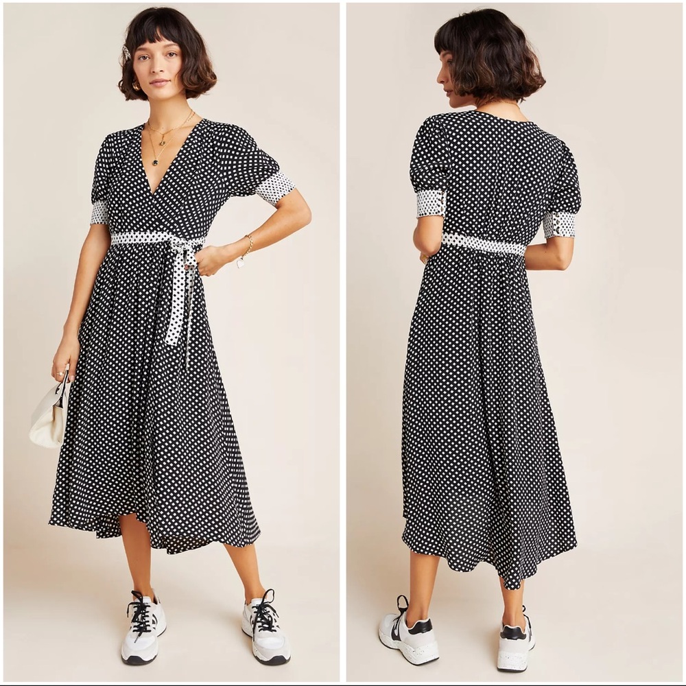 Anthropologie Maeve Breanna Polka Dot Wrap Midi Dress Black White Size 4